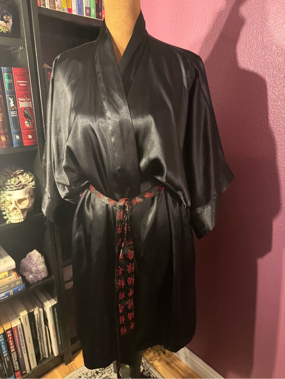 Morgan Taylor Black Satin Kimono Robe with Red Asian character Tie